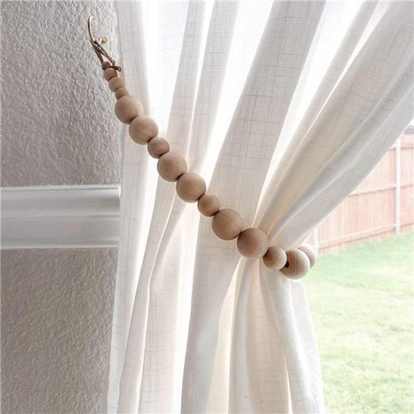 Set of 2 Curtain Tie Backs (Color Beads - Khaki Leather Cord) - Picture 5 of 5